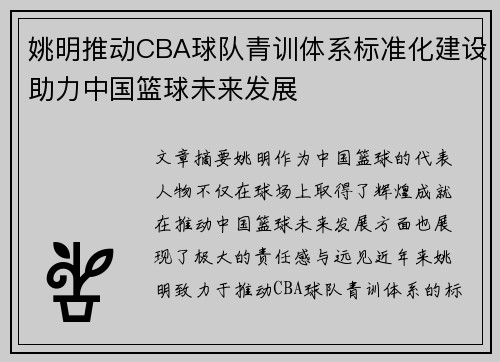 姚明推动CBA球队青训体系标准化建设助力中国篮球未来发展